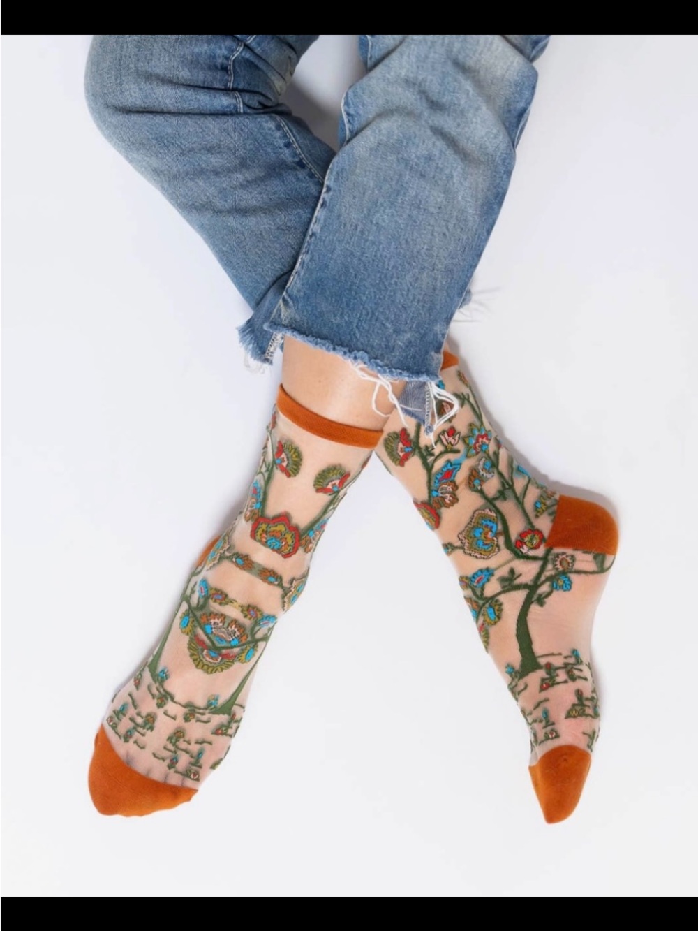 Tree Of Life. Sheer Floral Embroidered Crew Socks - Rust Accent